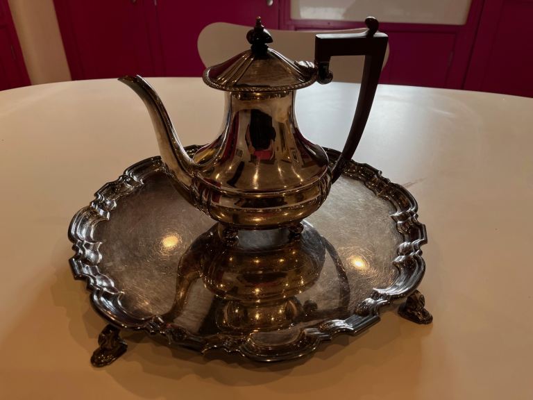 Antique Mappin and Webb silver plated Art Deco tray and teapot