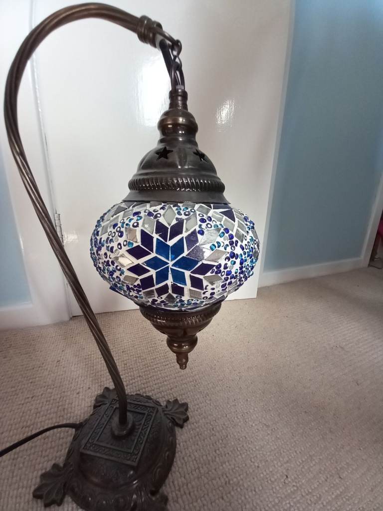 Turkish Mosaic Style Table Lamp – Blue, White and glass, Good Condition