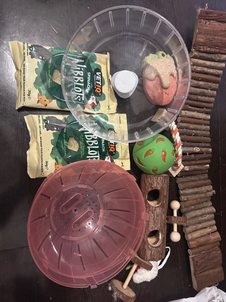 Hamster wheel + toys + treats + long ladder 