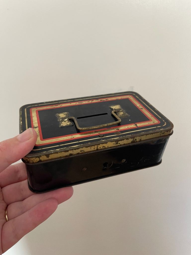 Antique Black Metal Savings Caddy Cash Tin Money Box Made in England