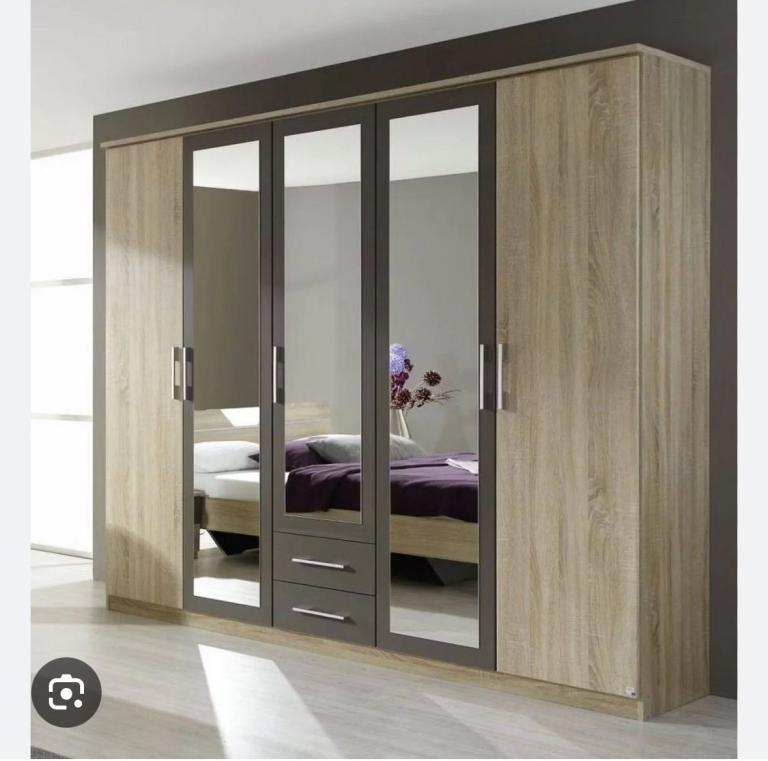 Large Wooden Wardrobe with Mirrored Doors and Drawers
