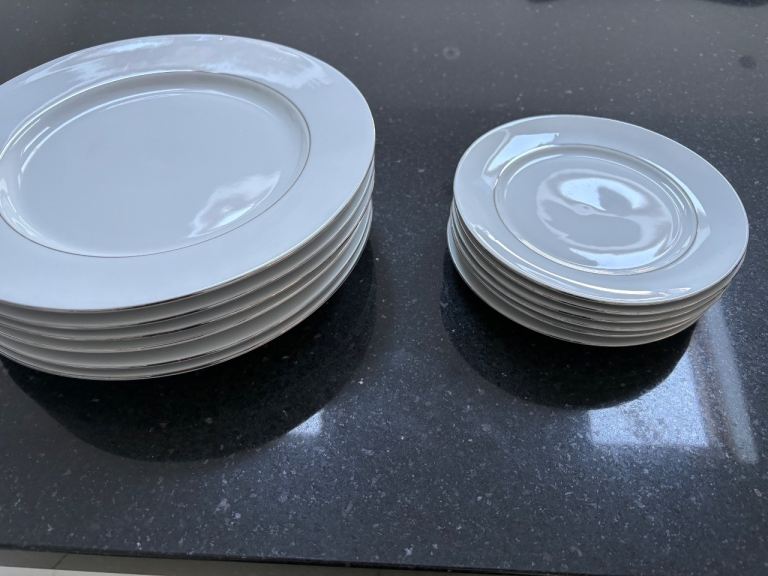 12-Piece Vintage Fine Porcelain Plate Set (Senator) – Silver Trim