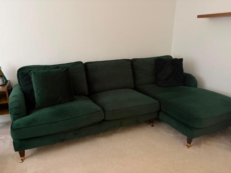 Dark Green Velvet 4 seater L shape sofa 