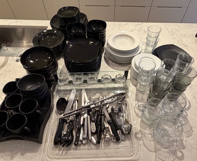 Large Bundle of Dinnerware, Cutlery, and Glassware – Good Condition