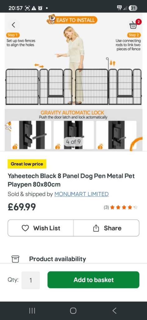 NEW Large Dog Playpen 8 Panel Metal Pet Cage 80cm x 80cm