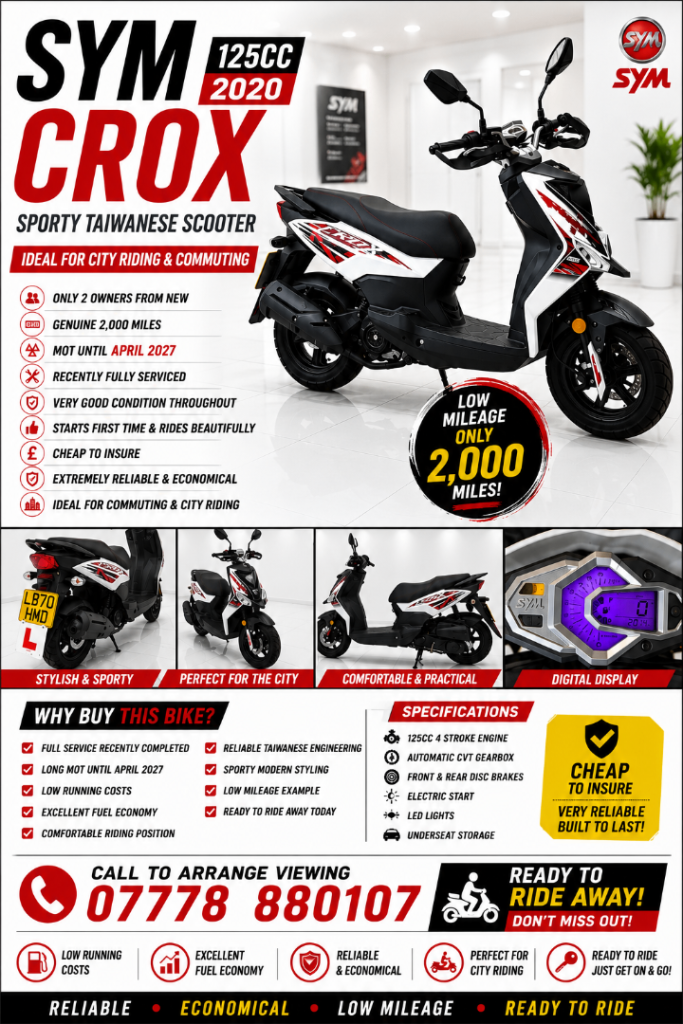 LOW MILEAGE SYM CROX 125 ONLY 2,000 MILES • FULLY SERVICED • MOT APRIL 2027 • £CHEAP TO INSURE ££