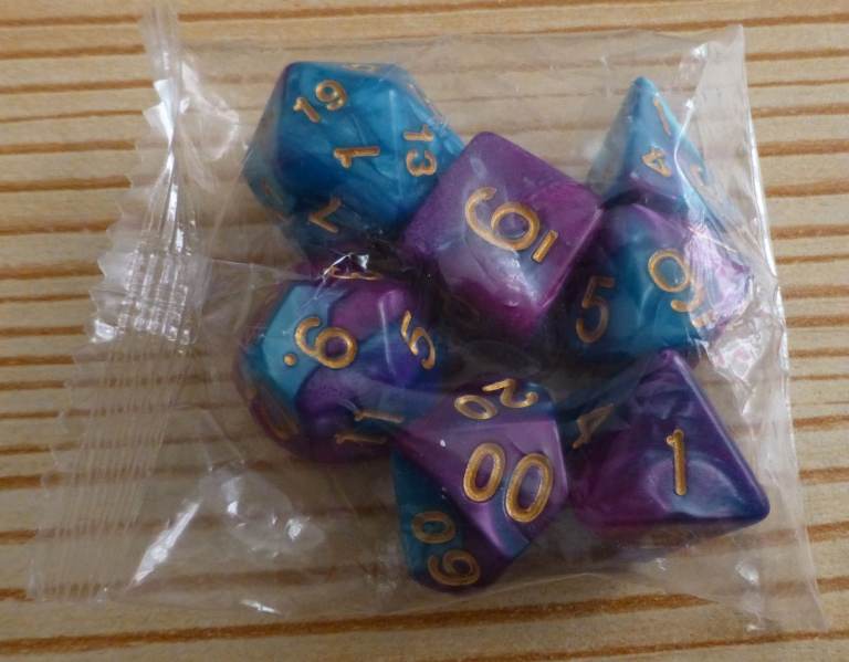 Set of D&D Dice – purple, teal and gold