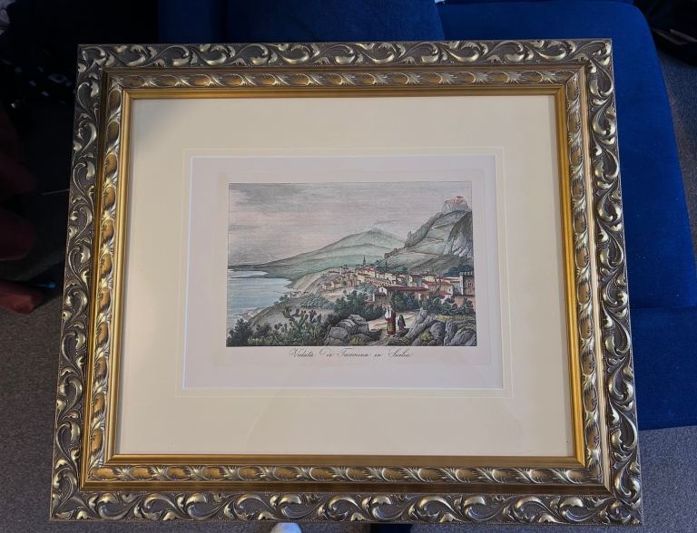 Large Framed Italian Landscape Art Print – “Veduta di Taormina in Sicilia”