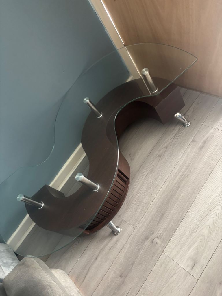 Curved Glass Top Coffee Table with Dark Wooden Base