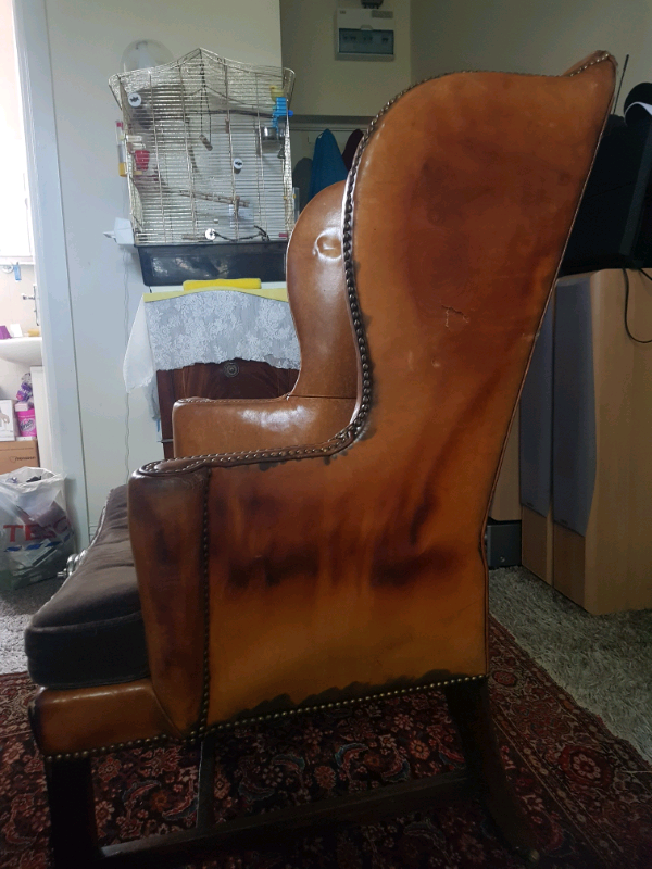 George III English Leather Wing Chair