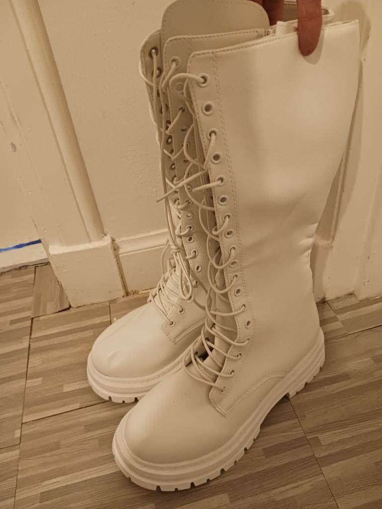 New white lace up and zip boots