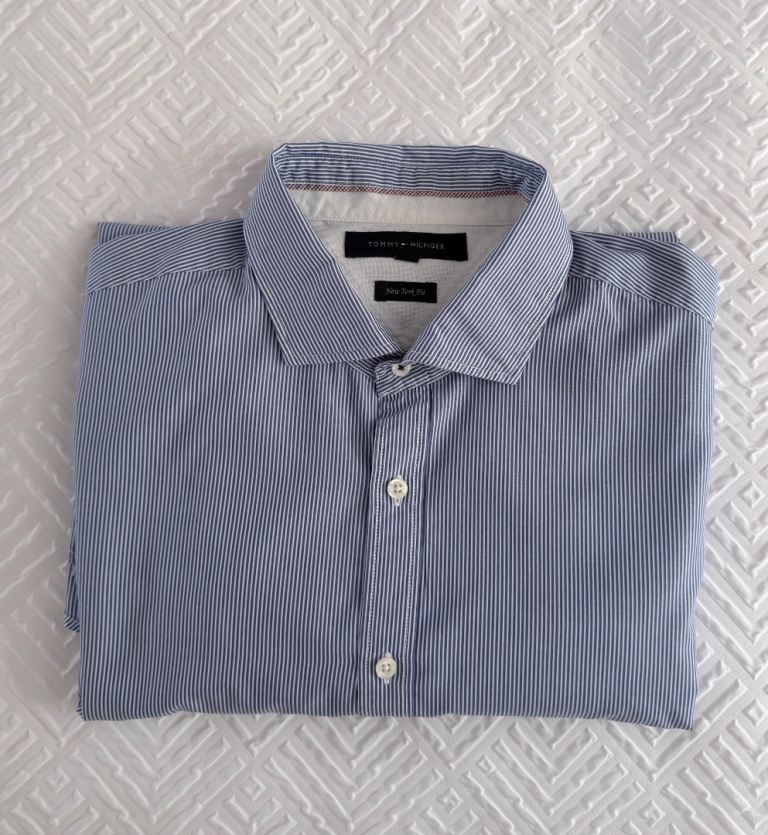 Tommy Hilfiger Blue & White Striped Long Sleeve Mens Shirt New York Fit Large VGC