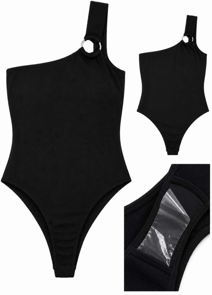 Ladies Black One Shoulder Bodysuit by PrettyLittleThing - Size 12-14