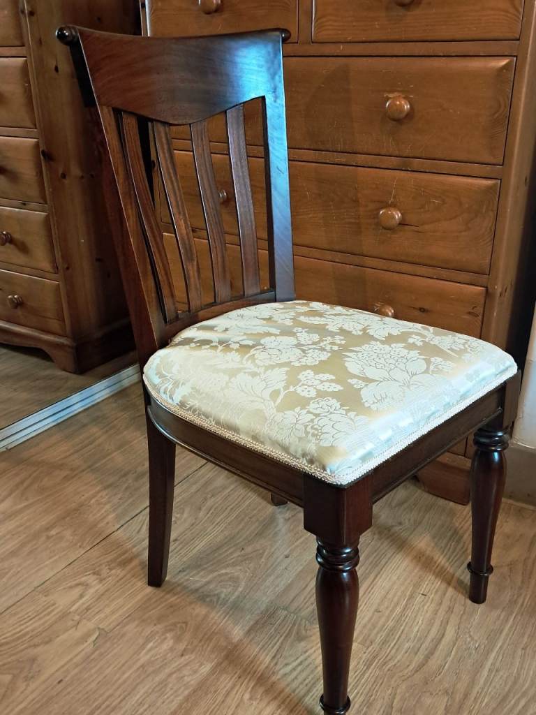  Vintage Mahogany Wood Chair with Patterned Seat – Good Condition
