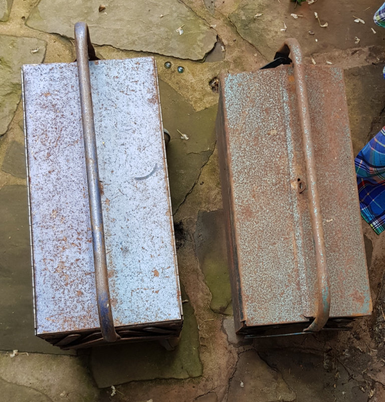 cantilever tool boxe(steel )used old many years of work.mottled appearance.one with wheels is £8
