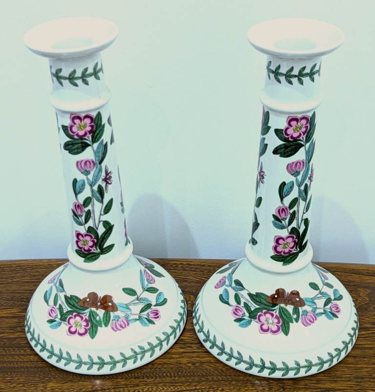 2 VINTAGE PORTMEIRION CANDLESTICKS BOTANIC GARDEN RHODODENDRON 23cm H 12.6cm DIA