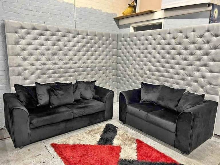Black Velvet Sofa Set – 2 & 3 Seater, NEW Condition