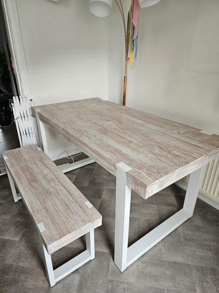 Next Dining Table Set with 2 Benches and Two Plaid Chairs