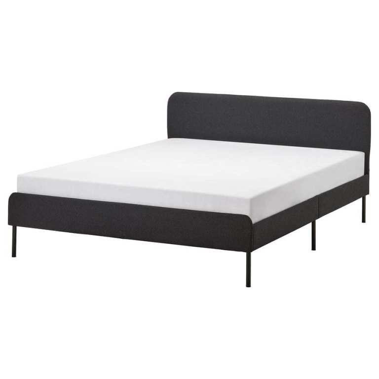 Double Bed Frame with Headboard – Dark Grey Fabric, As Good As New