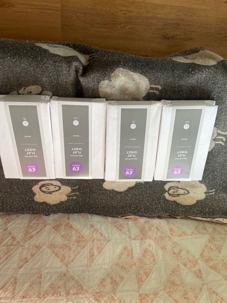 4 New White Cotton Flat Sheets – Single Size