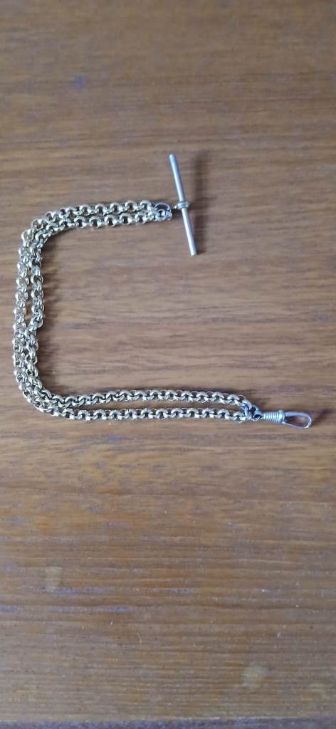 vintage gold tone pocket watch chain t bar & dog clip