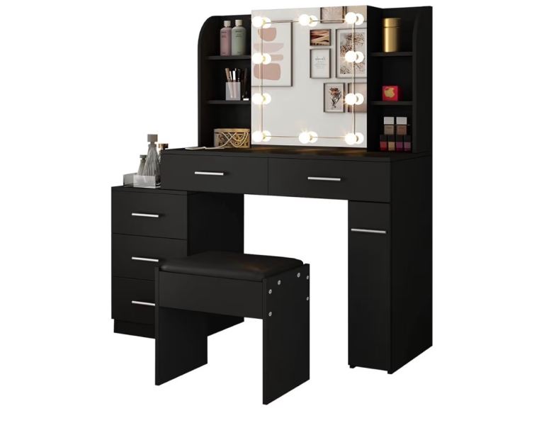Black Dressing Table with Mirror & Stool – Good Condition