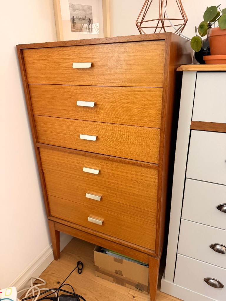 Uniflex Tallboy 1960’s drawers Vintage Midcentury Modern Teak