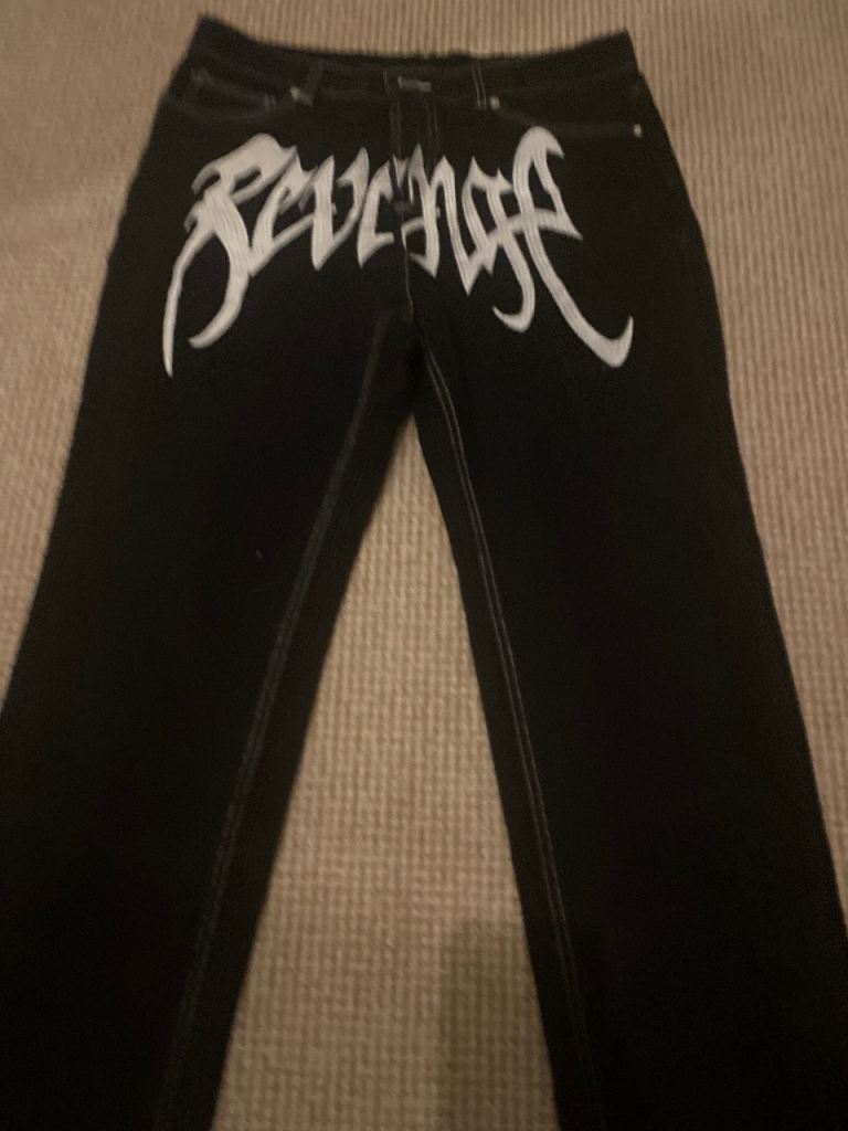 Revenge Black Denim Jeans with White Logo – Good Condition
