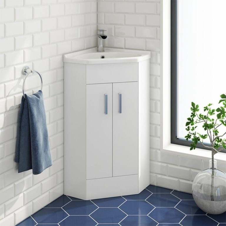 Corner Vanity Unit - Gloss White - 590mm with Chrome Handles