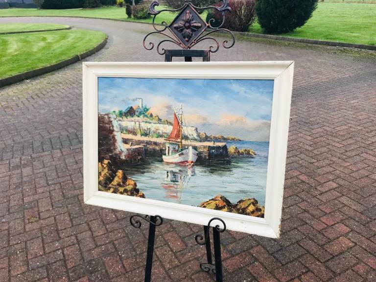 LOUIS BENDISEN – “Fishing Boat by the Entrance to a Dock” oil on canvas 