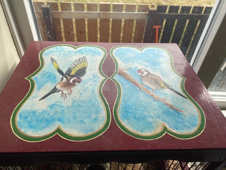 Gypsy hand painted bird cage and singing mule cock