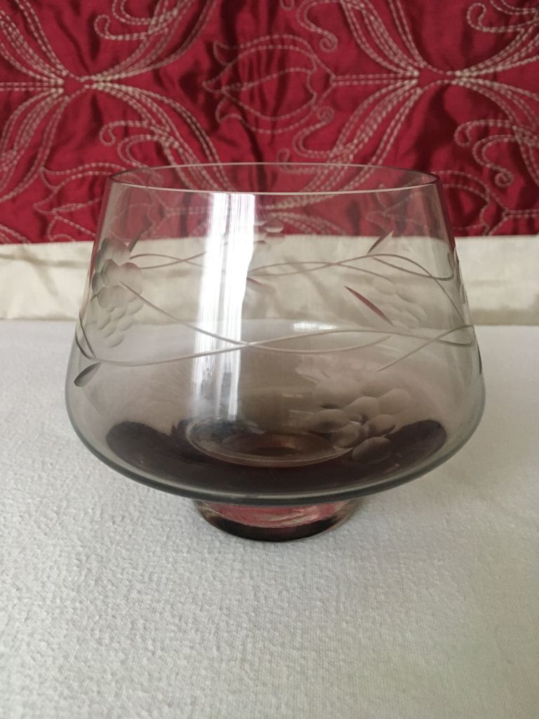 Smokey Glass Floral Etched Rose Bowl Vase Or Sweetie Bowl