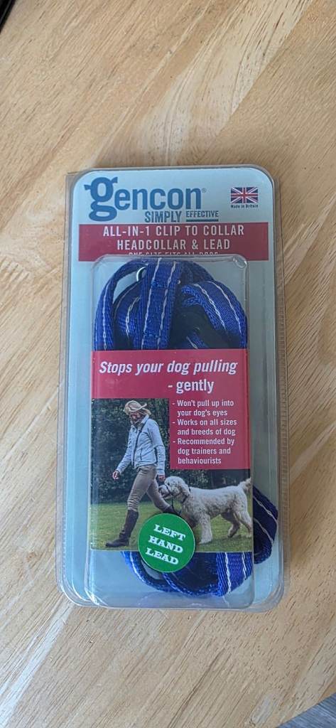 Gencon all-in-1 clip to collar headcollar lead & lead left hand, fits all, blue, ex cond