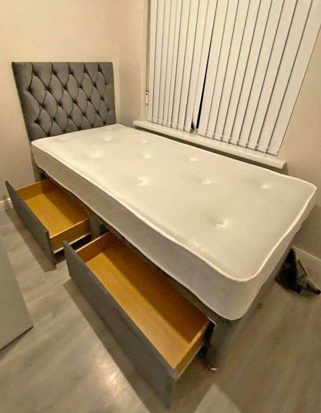 30% Off🚀Exclusive Luxury Grey 3ft Single Divan Bed With Mattress–Opt 2 Drawers –🚛Fast Delivery **