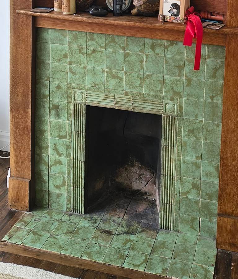 Fire surround vintage green tile possibly art deco