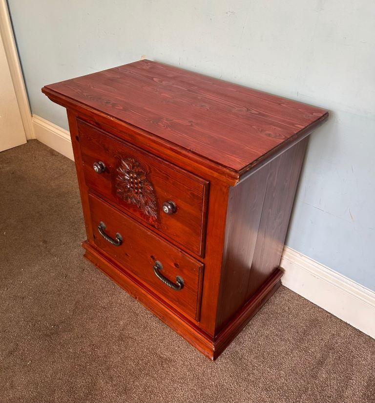 1 Large Unusual Dark Solid Pine Bedside 2 Deep Drawers Carved H27.5in/70cmW28in/71cmD16in/41cm