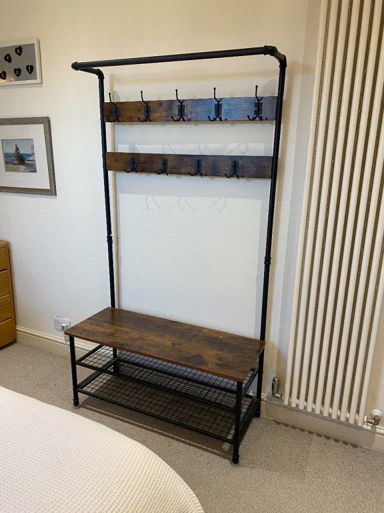 Industrial Style Hall Tree Coat Rack with Shoe Bench