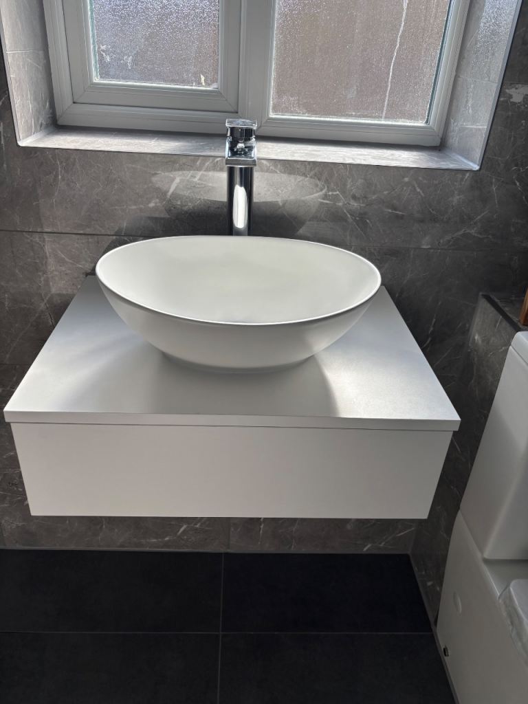 NEW - Floating Basin Shelf with Drawer - Matt White - 600mm
