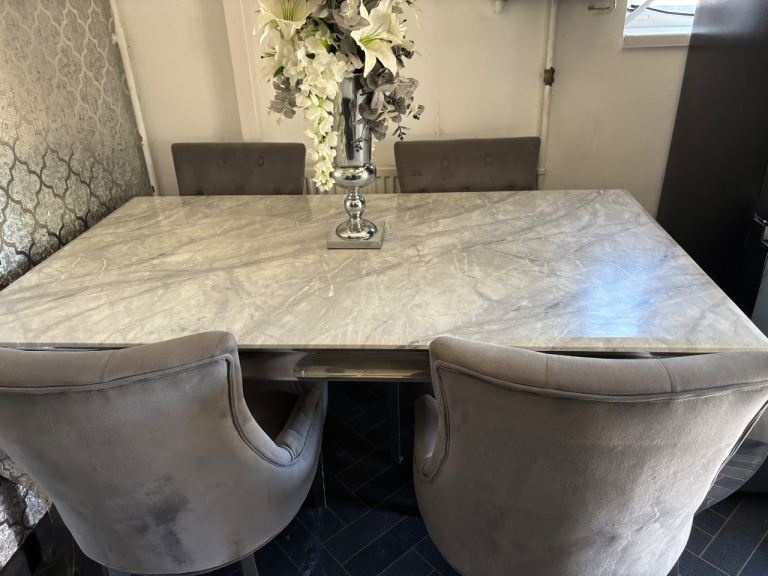 Marble Dining Table with Grey Velvet Chairs – Good Condition