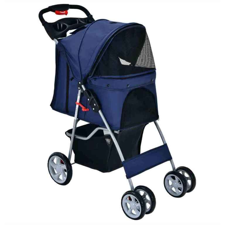 COSTWAY 4-Wheel Folding Pet Stroller with Storage Basket and Adjustable Canopy-Navy
