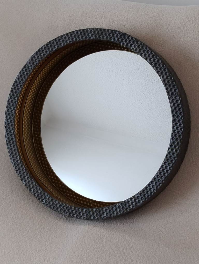 Round Metal Framed Wall Mirror Hammered Effect Pressed Dimple Unmarked Condition