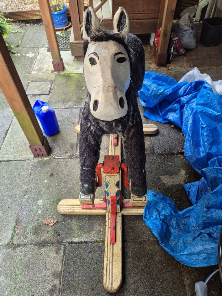 Vintage Rocking Donkey Toy - Faux Fur & Wooden Base