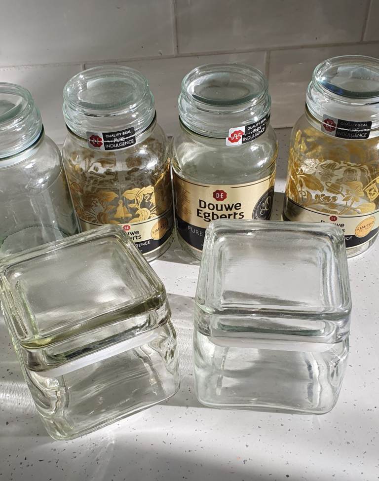 6 x empty glass jars large square coffee jars Dowe Egberts spice arts crafts 