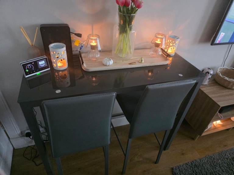Lido Glass Bar Table & 2 Grey Chairs | Modern Kitchen Breakfast Dining Set