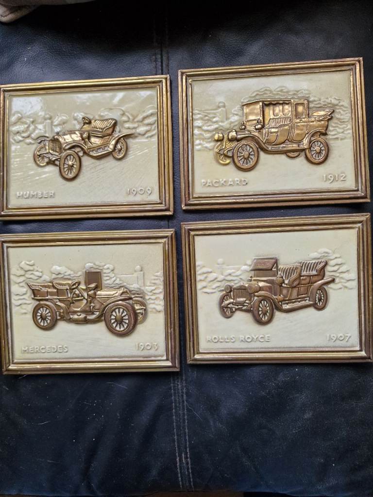 Set of 4 Vintage Gold Car Wall Art Pictures – Good Condition