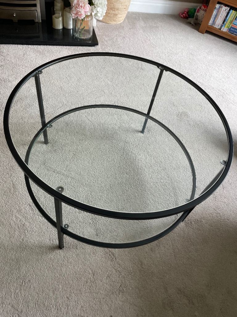 Round Glass Coffee Table with Black Metal Frame – Good Condition | in ...