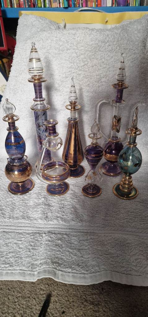 Set of 7 Decorative Glass Perfume Bottles - Purple & Gold Accents