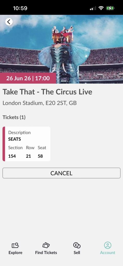Take that London stadium 26/6/26 section 154 row 21 seat 58