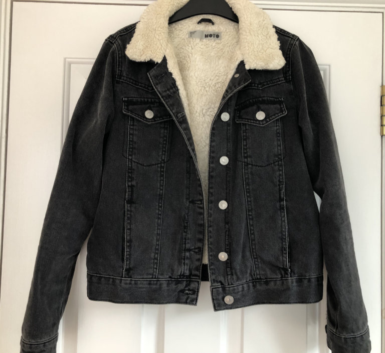 image for Topshop Moto black denim fleece-lined jacket UK 6 VGC ONO