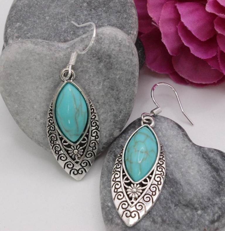 Antique silver flower pattern turquoise earrings with 925 Sterling silver hooks
